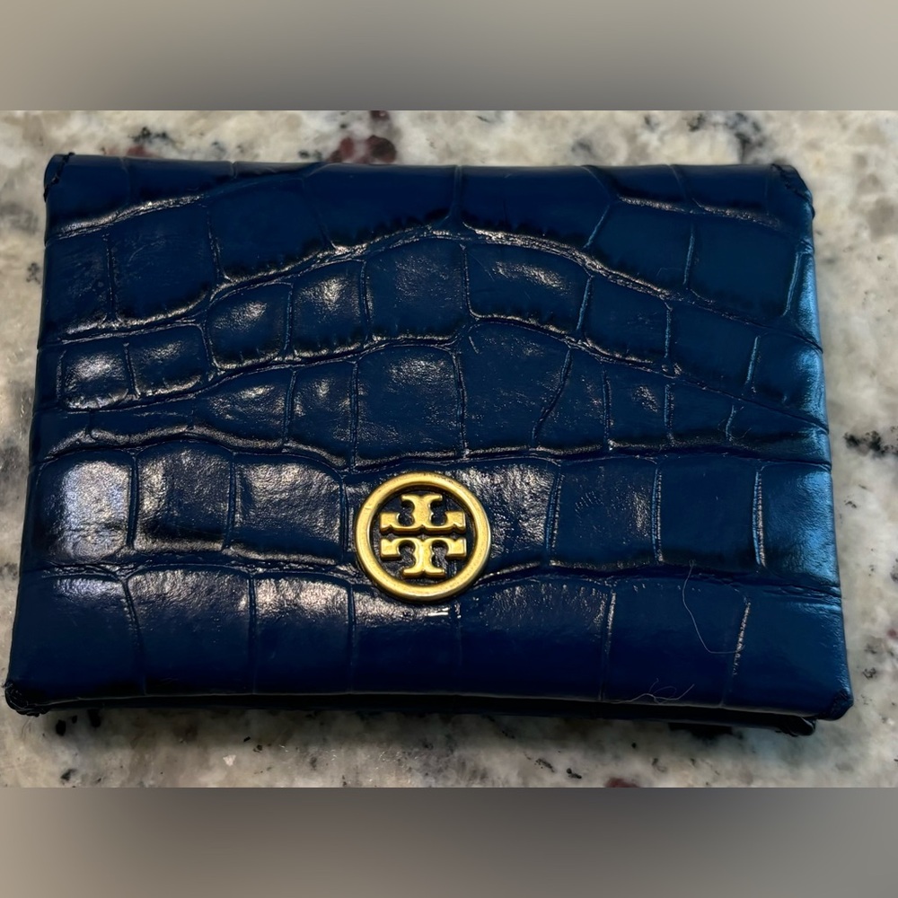 Tory Burch Blue croc embossed leather card case/coin case